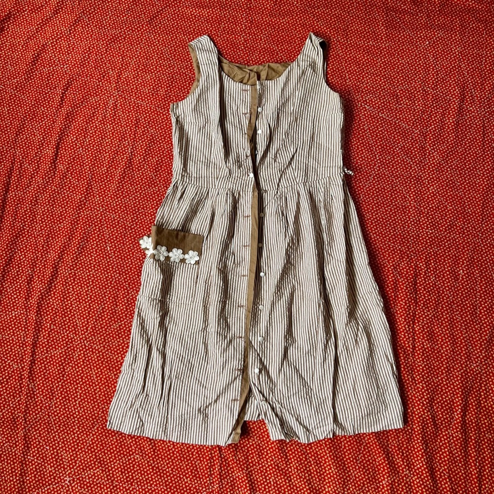 Vintage 1960s Brown White Striped Seersucker Sleeveless Midi Dress Daisy Pocket